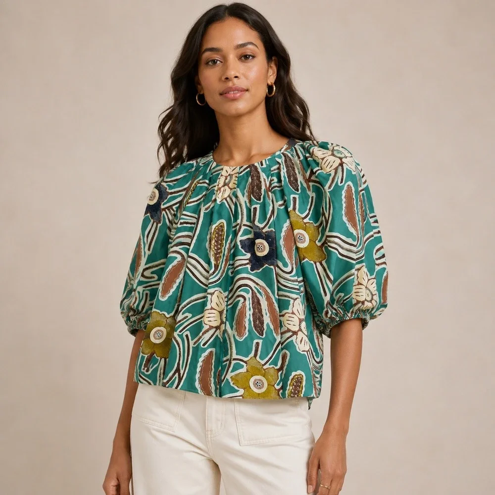 Ulla Johnson Silk Puff Sleeve Blouse 2 Teal Floral Romantic Luxury Boho Top
